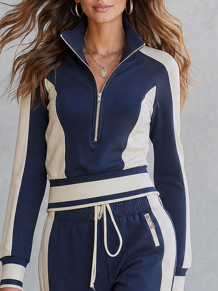 Casual Retro Sporty Blue And White Color-blocked Cotton Top And Pants Set