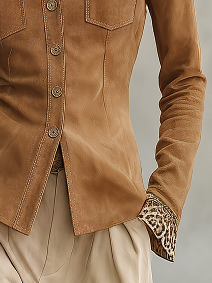 Retro-casual Elegant Faux-suede Paneled Leopard Print Shirt