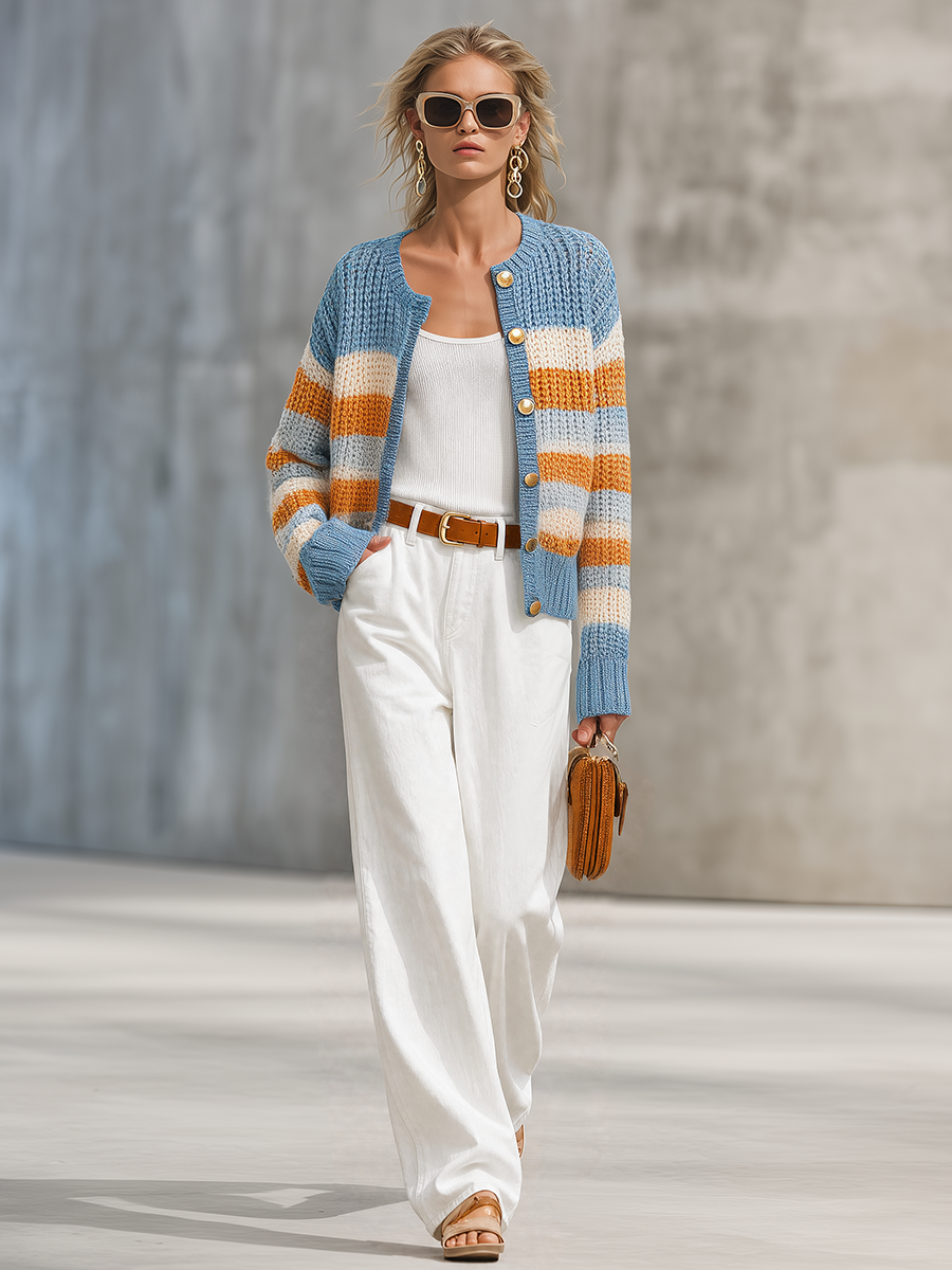 Retro-chic Color-block Striped Knit Top