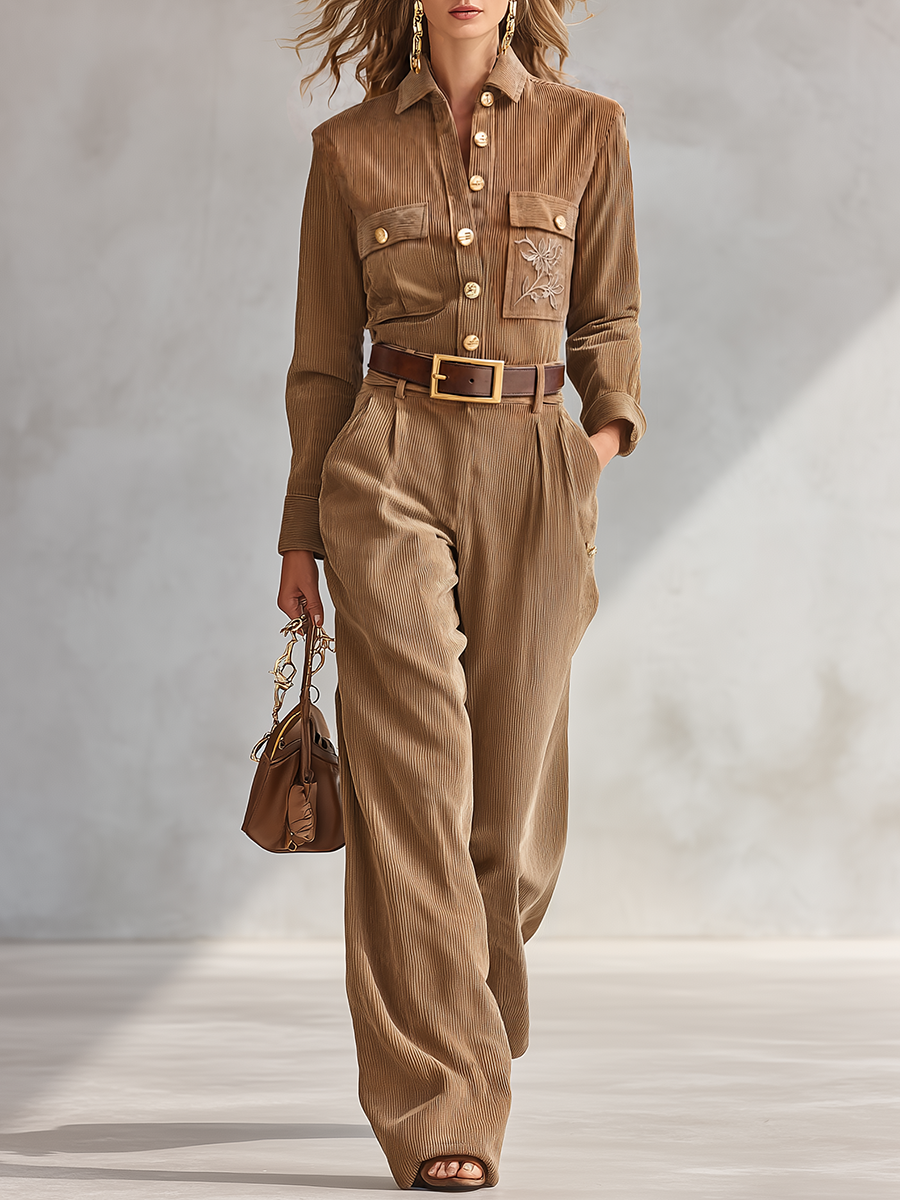 Retro-casual Elegant Corduroy Jumpsuit With Chest Embroidery