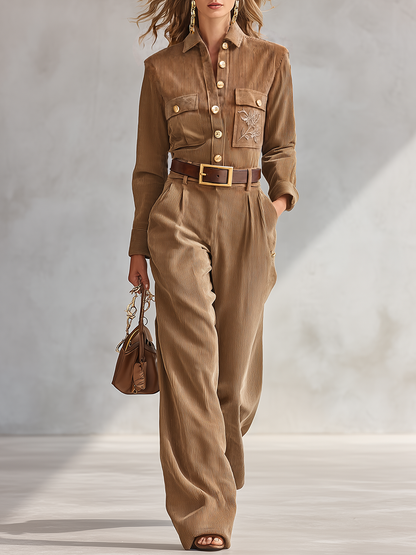 Retro-casual Elegant Corduroy Jumpsuit With Chest Embroidery