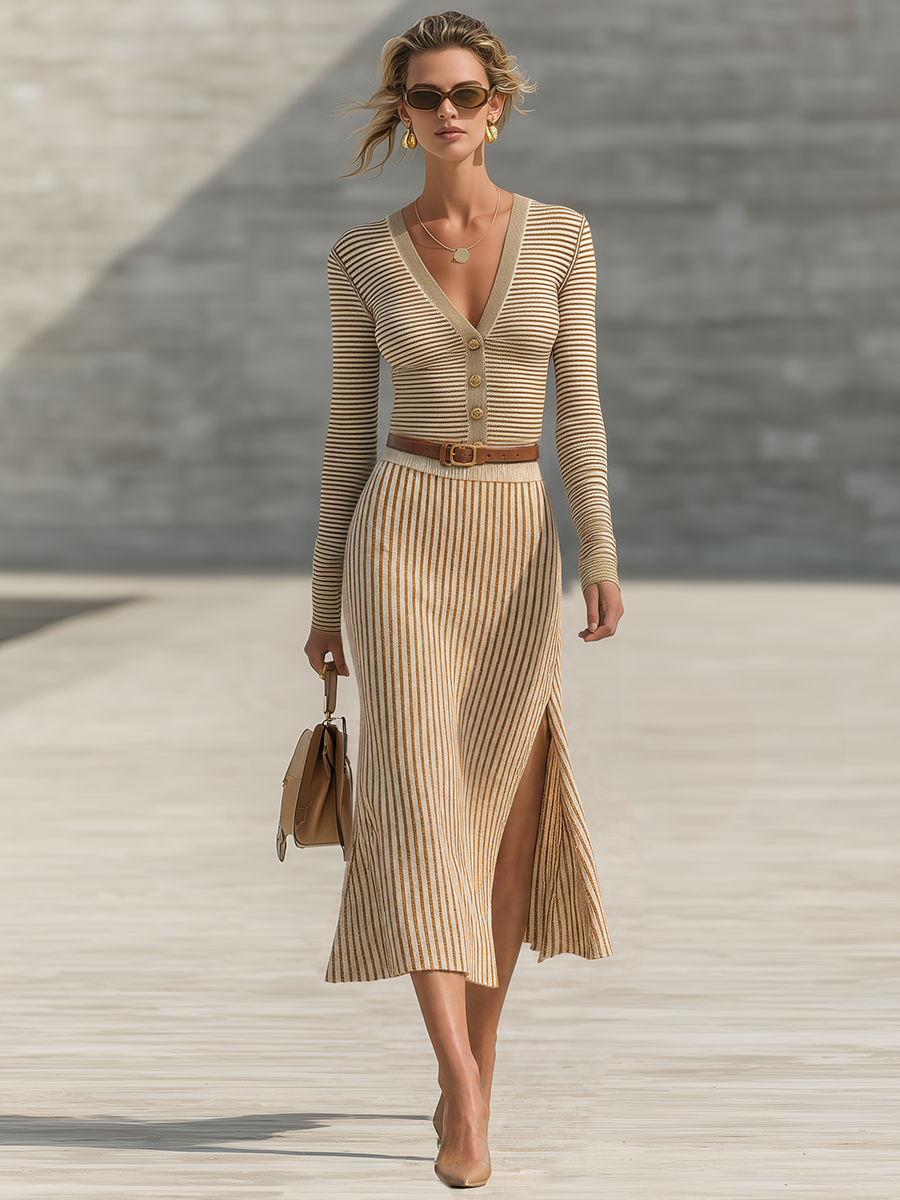 Retro-chic Striped Knit Skirt Set