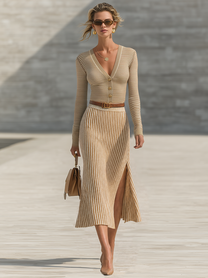 Retro-chic Striped Knit Skirt Set