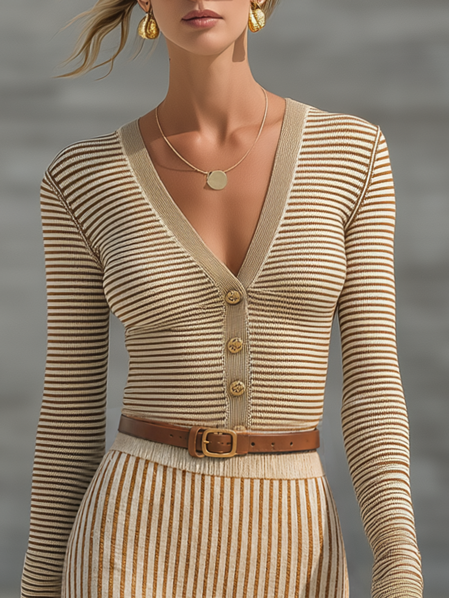 Retro-chic Striped Knit Skirt Set