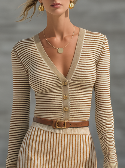 Retro-chic Striped Knit Skirt Set
