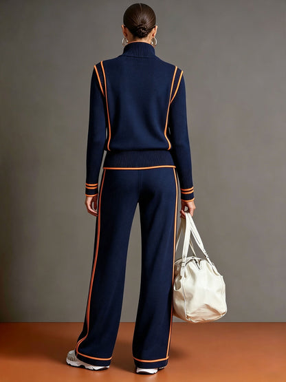 Casual Sporty Color-blocked Navy Blue Zip-up Sweatshirt And Wide-leg Pants Set