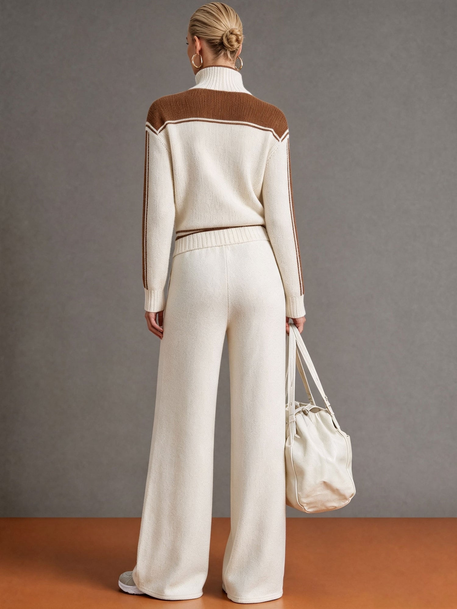 Fashionable Retro Color-blocked Half-zip Knit Pullover Wide-leg Pants Set