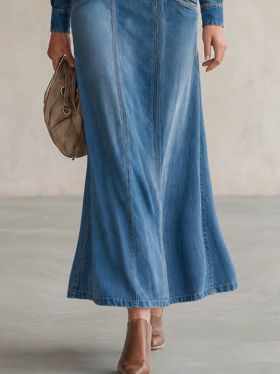 Vintage Wash Western Denim Maxi Dress Women Double-Breasted Button Front Long Sleeve