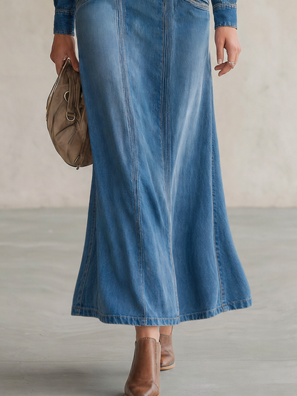 Vintage Wash Western Denim Maxi Dress Women Double-Breasted Button Front Long Sleeve