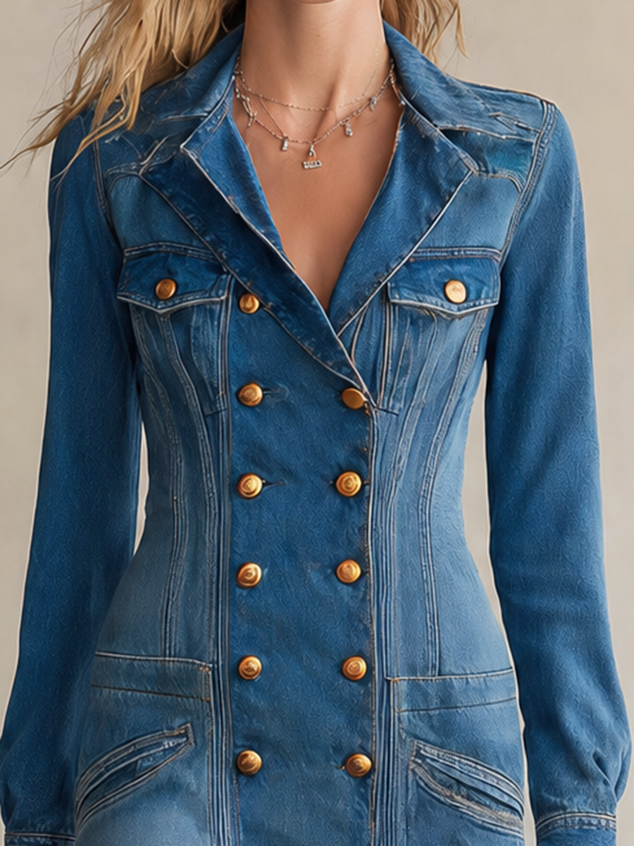 Vintage Wash Western Denim Maxi Dress Women Double-Breasted Button Front Long Sleeve