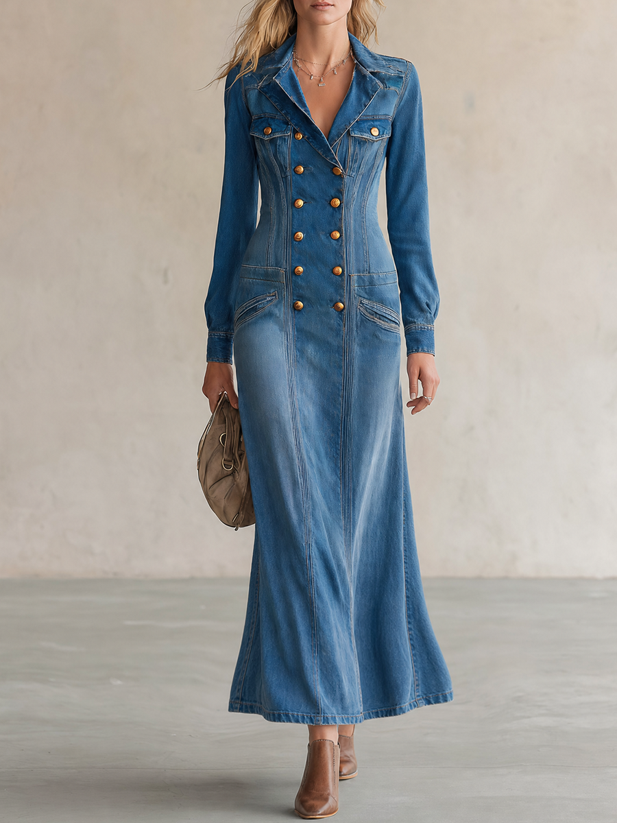 Vintage Wash Western Denim Maxi Dress Women Double-Breasted Button Front Long Sleeve