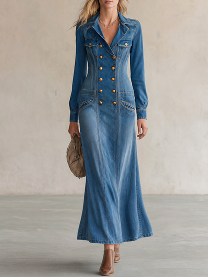 Vintage Wash Western Denim Maxi Dress Women Double-Breasted Button Front Long Sleeve