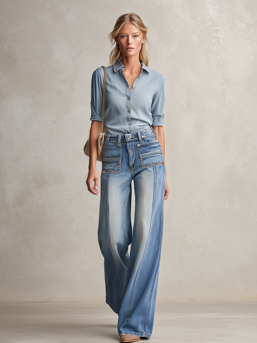 Y2K Washed Wide-Leg Jeans Studded Flap Pockets High Waist Baggy Denim