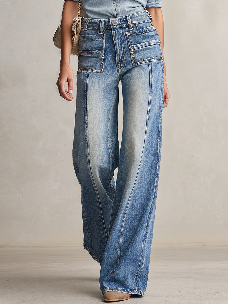 Y2K Washed Wide-Leg Jeans Studded Flap Pockets High Waist Baggy Denim