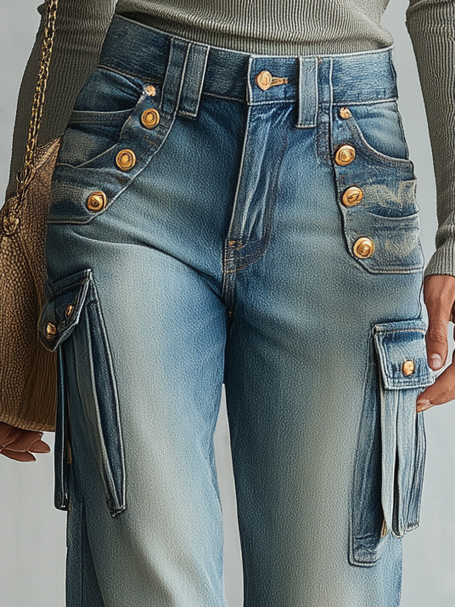 Western Wide-Leg Cargo Jeans Gold Buttons Utility Pockets Washed High Waist