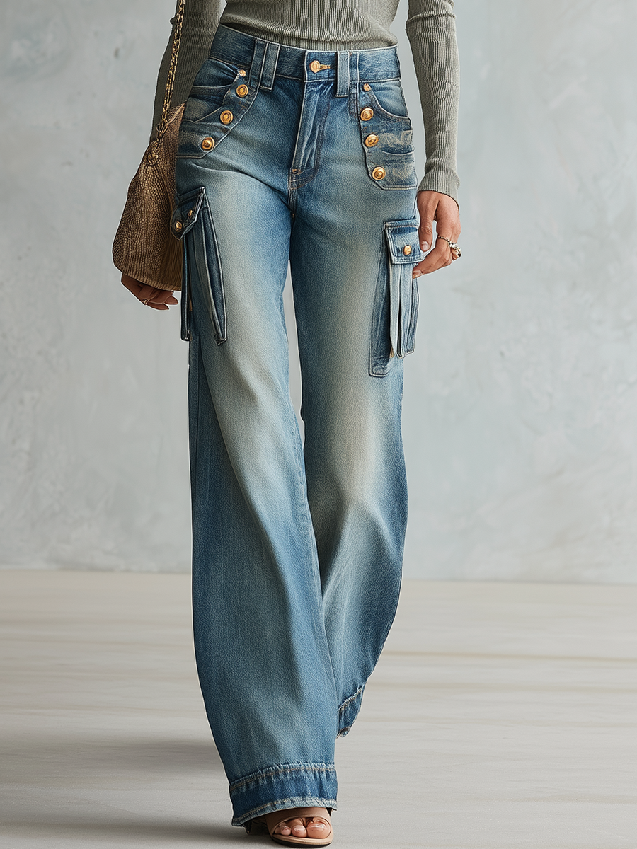 Western Wide-Leg Cargo Jeans Gold Buttons Utility Pockets Washed High Waist