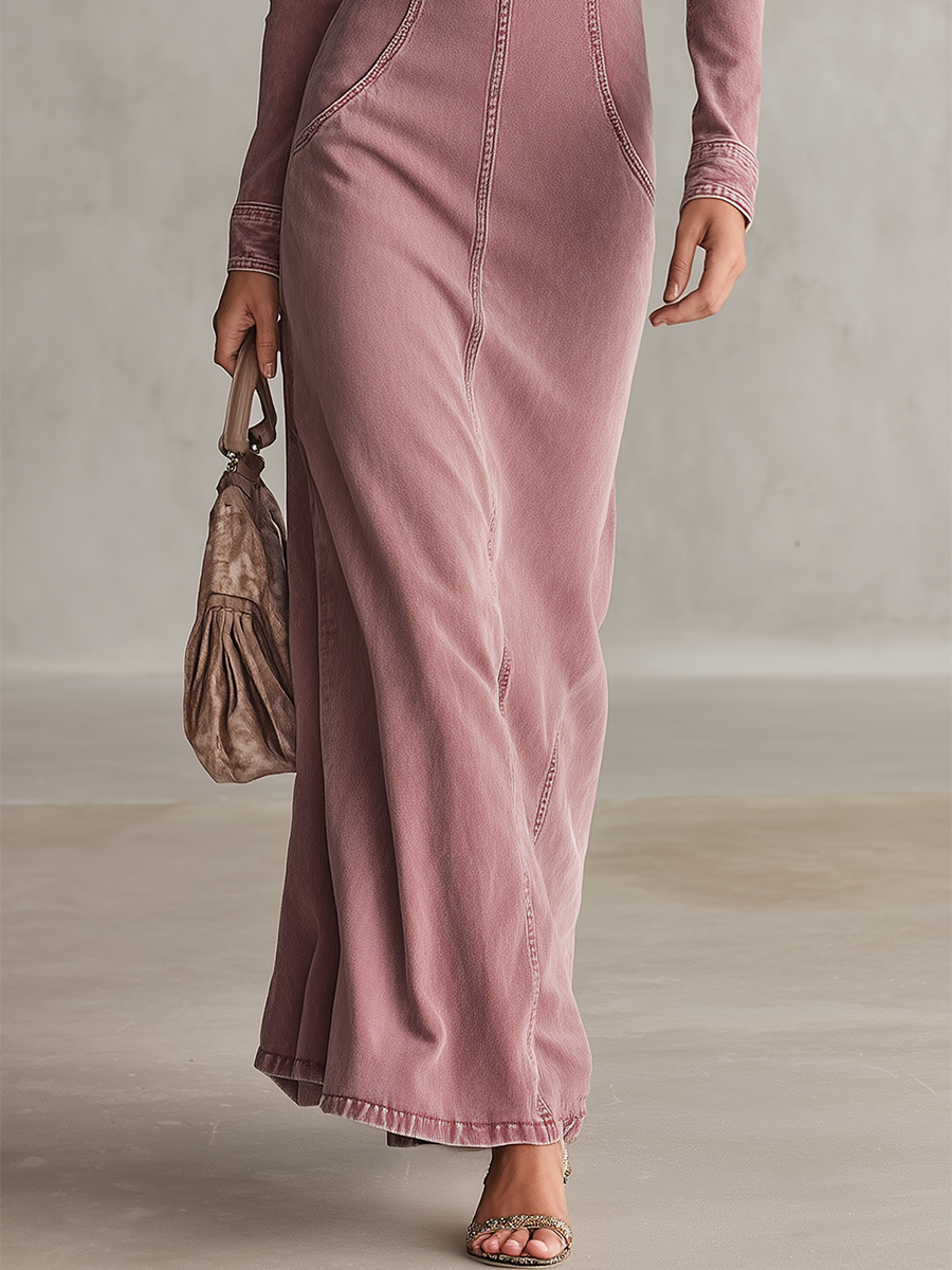 Vintage Elegant High-neck Cutout Slim-fit Denim Maxi Dress