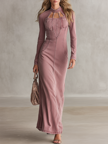 Vintage Elegant High-neck Cutout Slim-fit Denim Maxi Dress