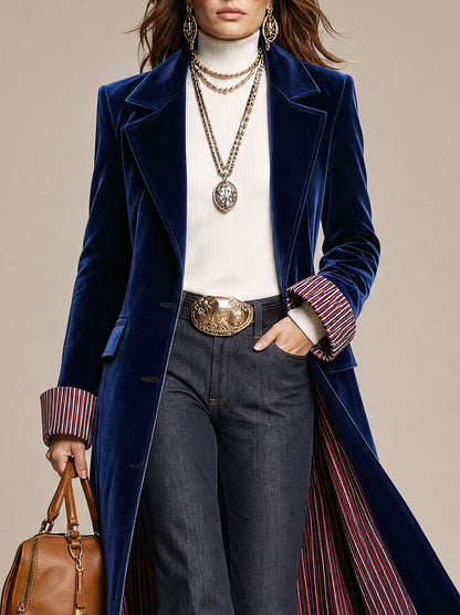 Fashionable Retro Striped Patchwork Royal Blue Velvet Mid-length Coat