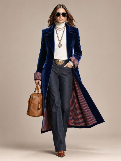 Fashionable Retro Striped Patchwork Royal Blue Velvet Mid-length Coat