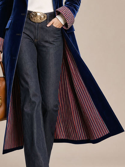 Fashionable Retro Striped Patchwork Royal Blue Velvet Mid-length Coat