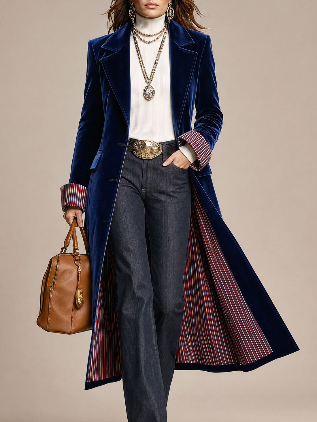 Fashionable Retro Striped Patchwork Royal Blue Velvet Mid-length Coat