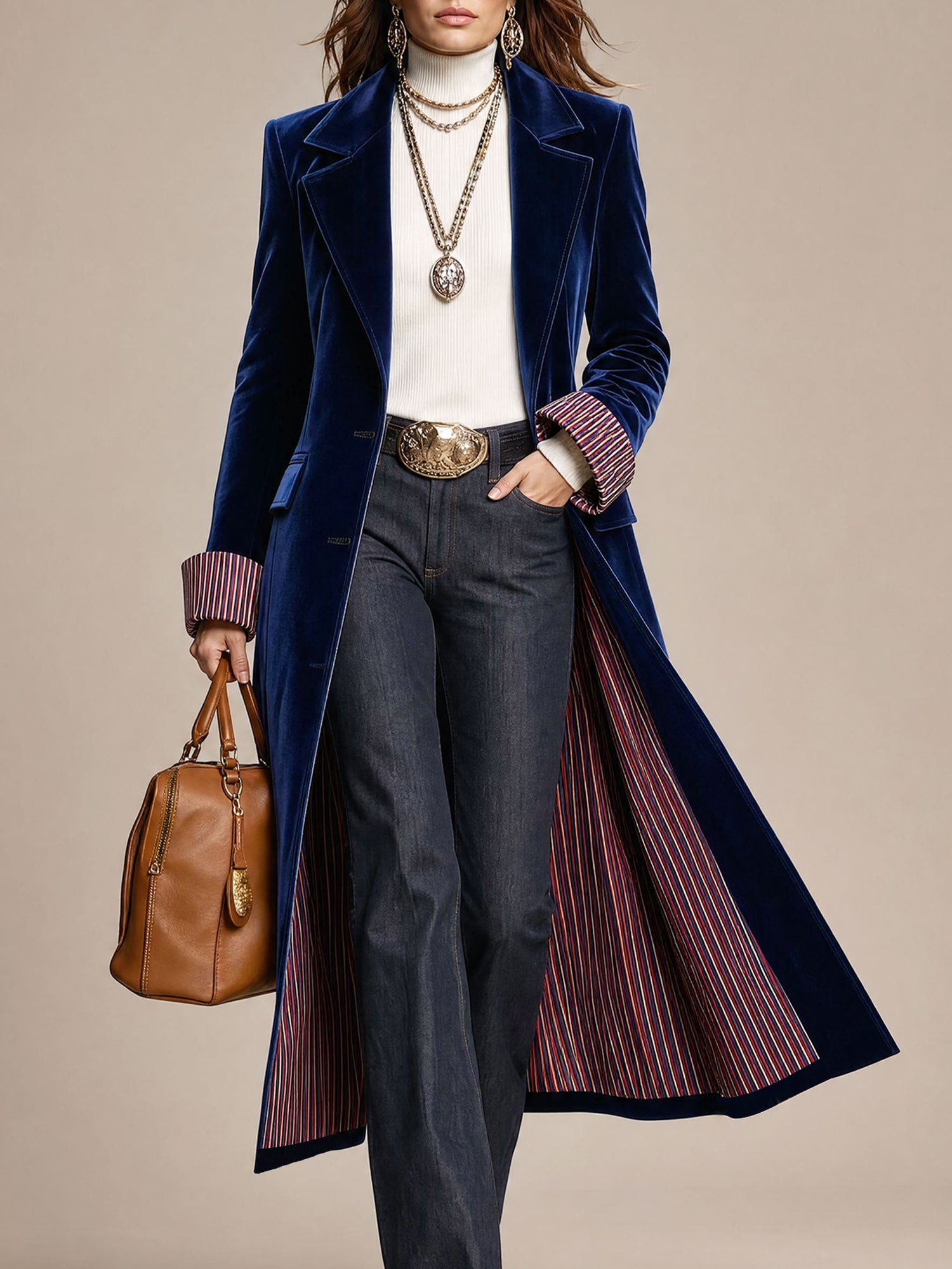 Fashionable Retro Striped Patchwork Royal Blue Velvet Mid-length Coat