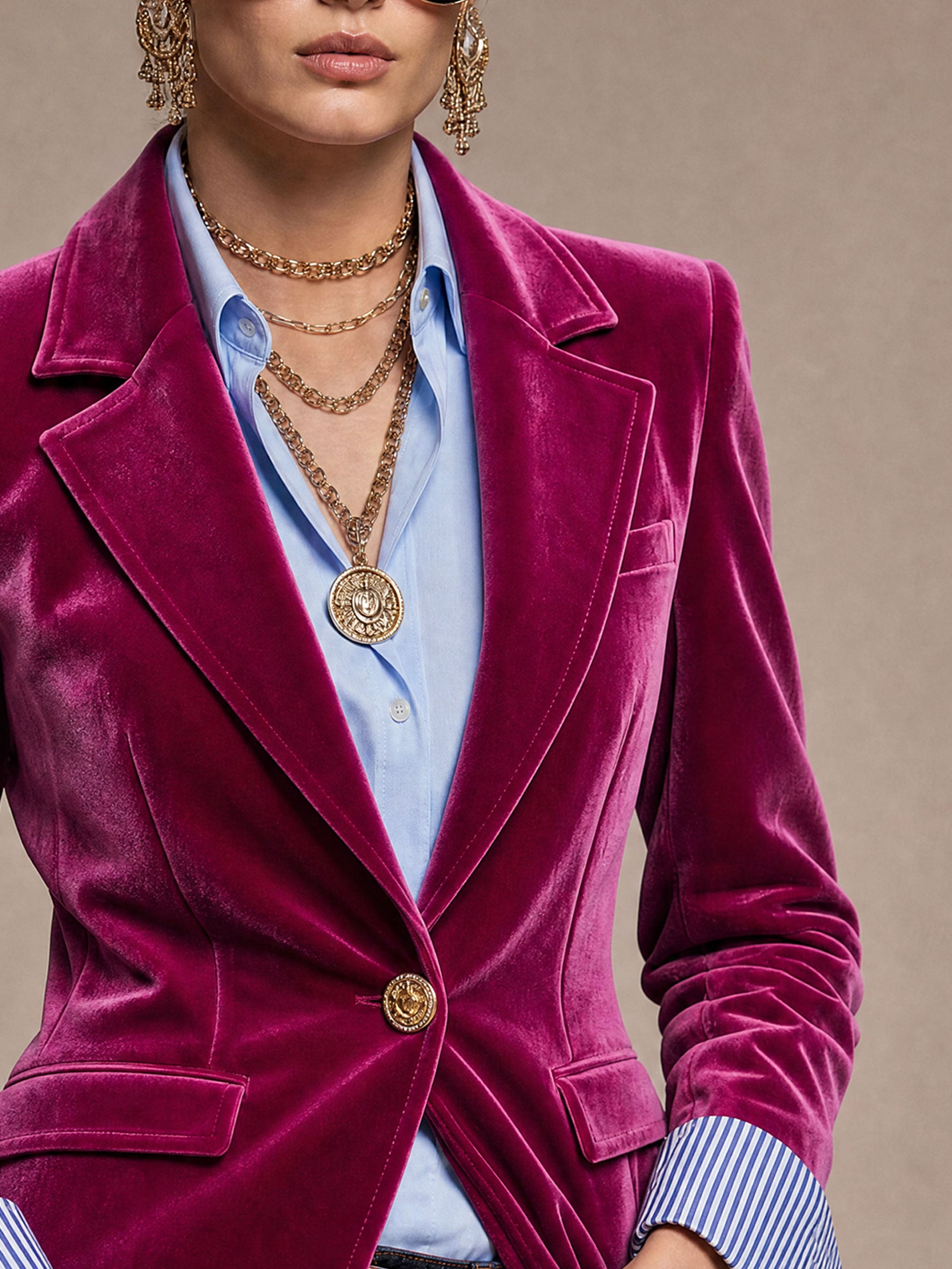 Fashionable Retro Striped Patchwork Fuchsia Velvet Blazer