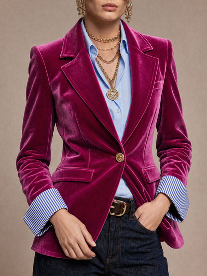 Fashionable Retro Striped Patchwork Fuchsia Velvet Blazer