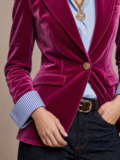 Fashionable Retro Striped Patchwork Fuchsia Velvet Blazer