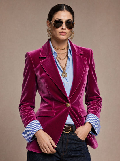Fashionable Retro Striped Patchwork Fuchsia Velvet Blazer