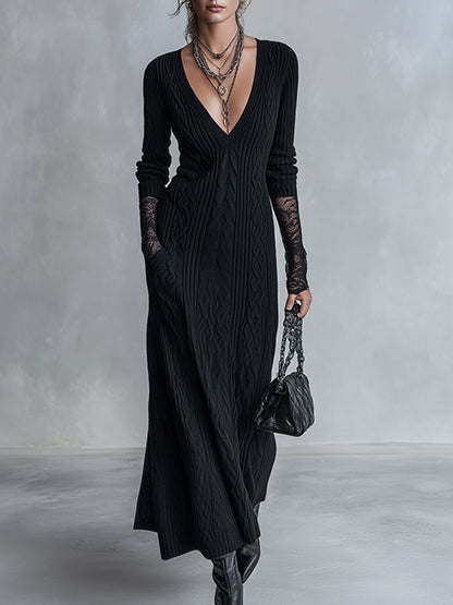 Elegant And Warm Black Cable-knit Lace Cuffs Maxi Dress