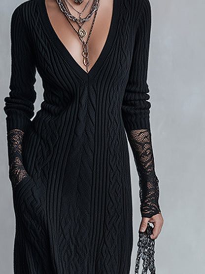 Elegant And Warm Black Cable-knit Lace Cuffs Maxi Dress