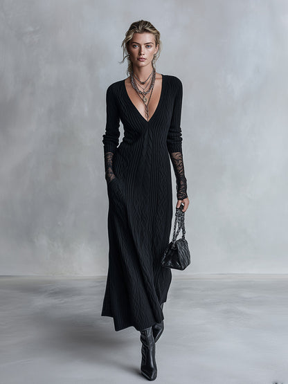 Elegant And Warm Black Cable-knit Lace Cuffs Maxi Dress