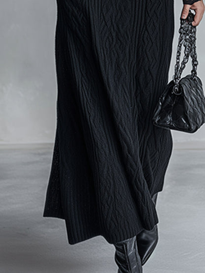 Elegant And Warm Black Cable-knit Lace Cuffs Maxi Dress