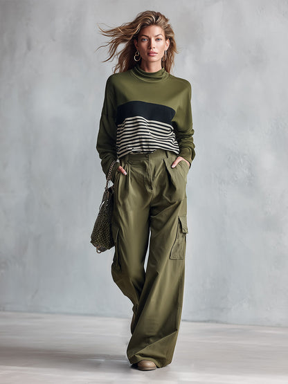 Stylish Casual Olive Green Striped Sweatshirt And Wide-Leg Cargo Pants Set
