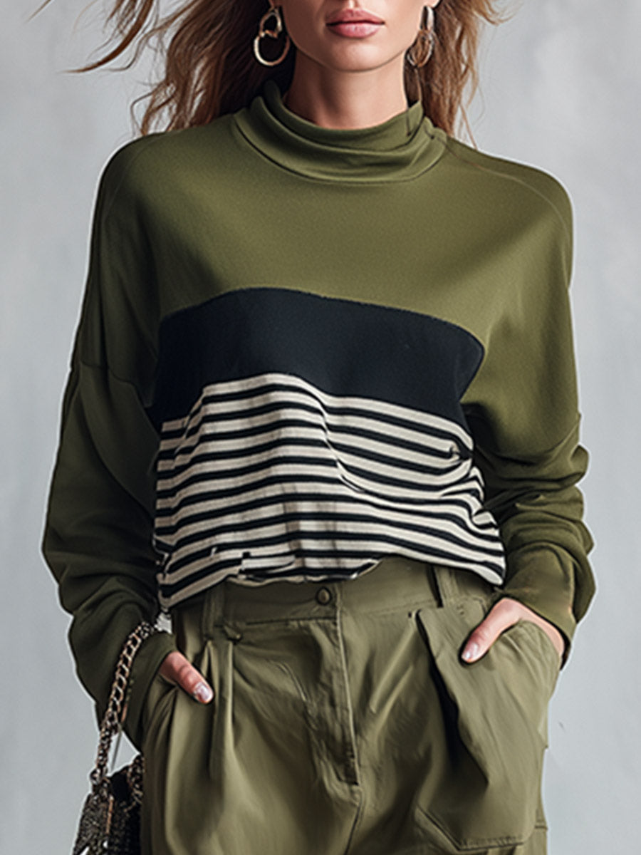 Stylish Casual Olive Green Striped Sweatshirt And Wide-Leg Cargo Pants Set