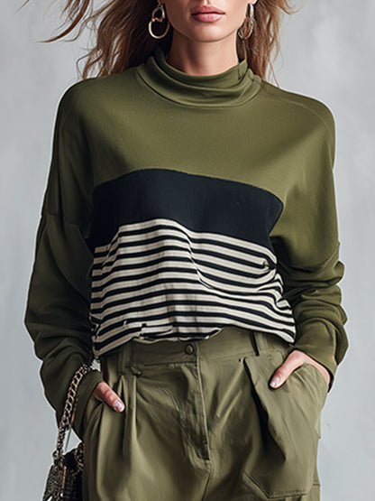 Stylish Casual Olive Green Striped Sweatshirt And Wide-Leg Cargo Pants Set