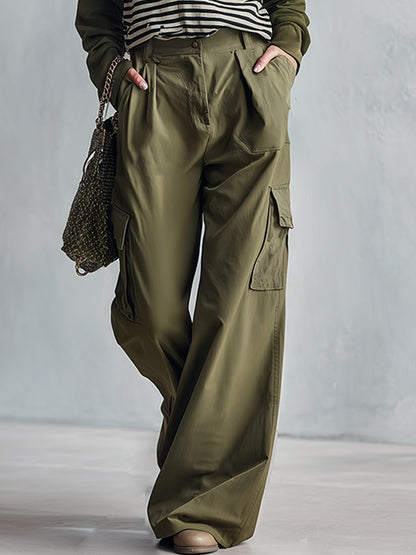 Stylish Casual Olive Green Striped Sweatshirt And Wide-Leg Cargo Pants Set