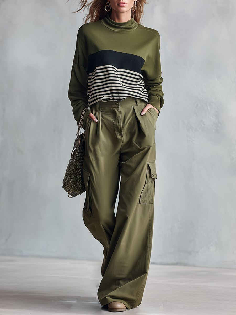 Stylish Casual Olive Green Striped Sweatshirt And Wide-Leg Cargo Pants Set