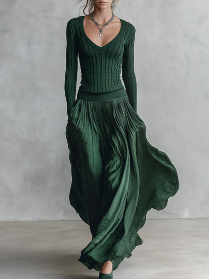 Vintage-luxe V-neck Emerald Green Cable-knit And Satin Patchwork Maxi Dress