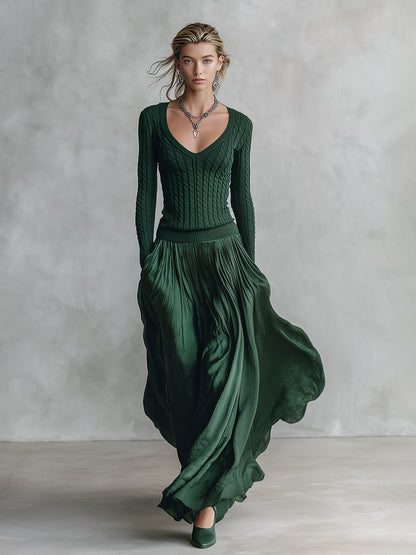 Vintage-luxe V-neck Emerald Green Cable-knit And Satin Patchwork Maxi Dress