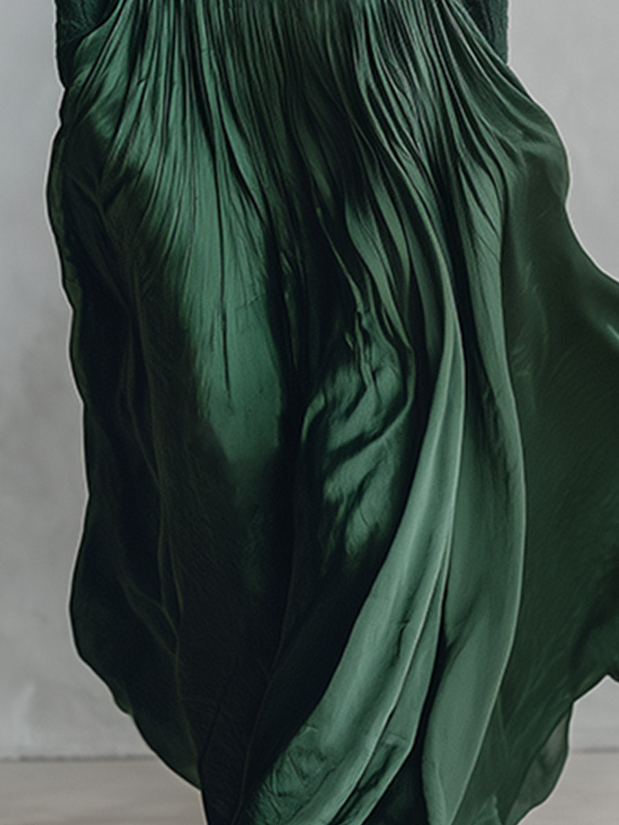 Vintage-luxe V-neck Emerald Green Cable-knit And Satin Patchwork Maxi Dress