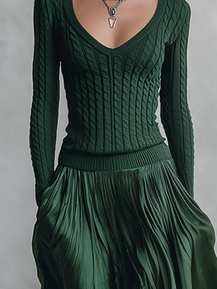 Vintage-luxe V-neck Emerald Green Cable-knit And Satin Patchwork Maxi Dress