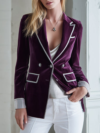 Elegant Vintage Silver Trim Deep Plum-purple Velvet Blazer