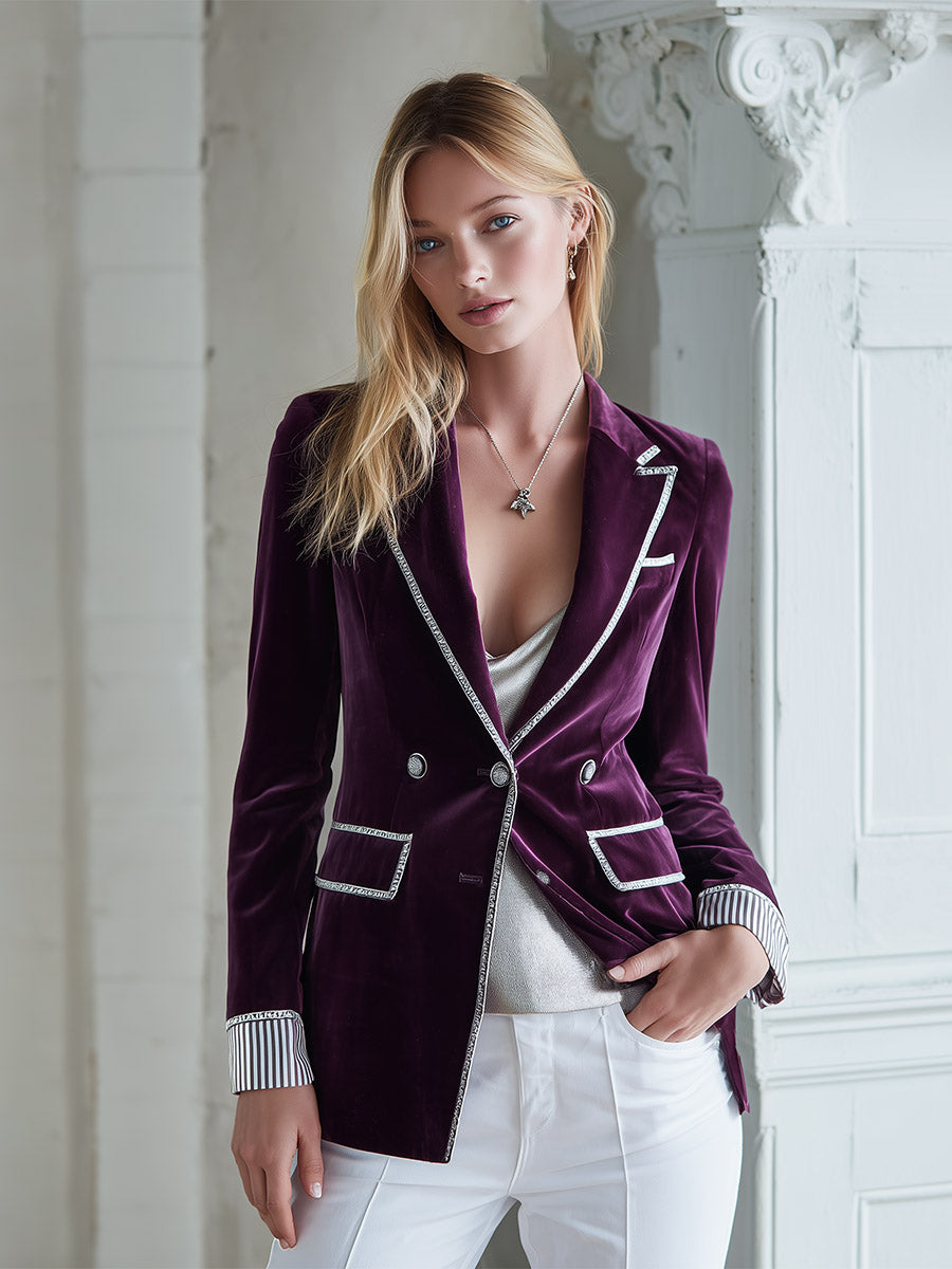 Elegant Vintage Silver Trim Deep Plum-purple Velvet Blazer