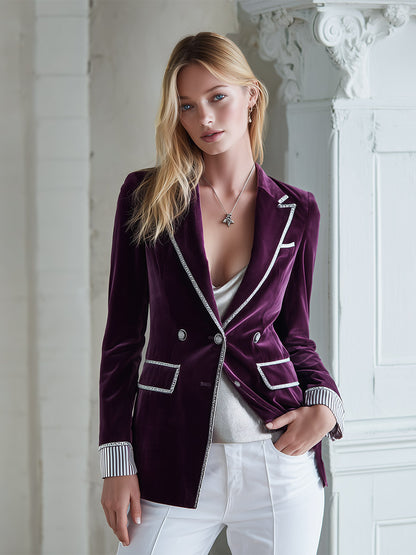 Elegant Vintage Silver Trim Deep Plum-purple Velvet Blazer