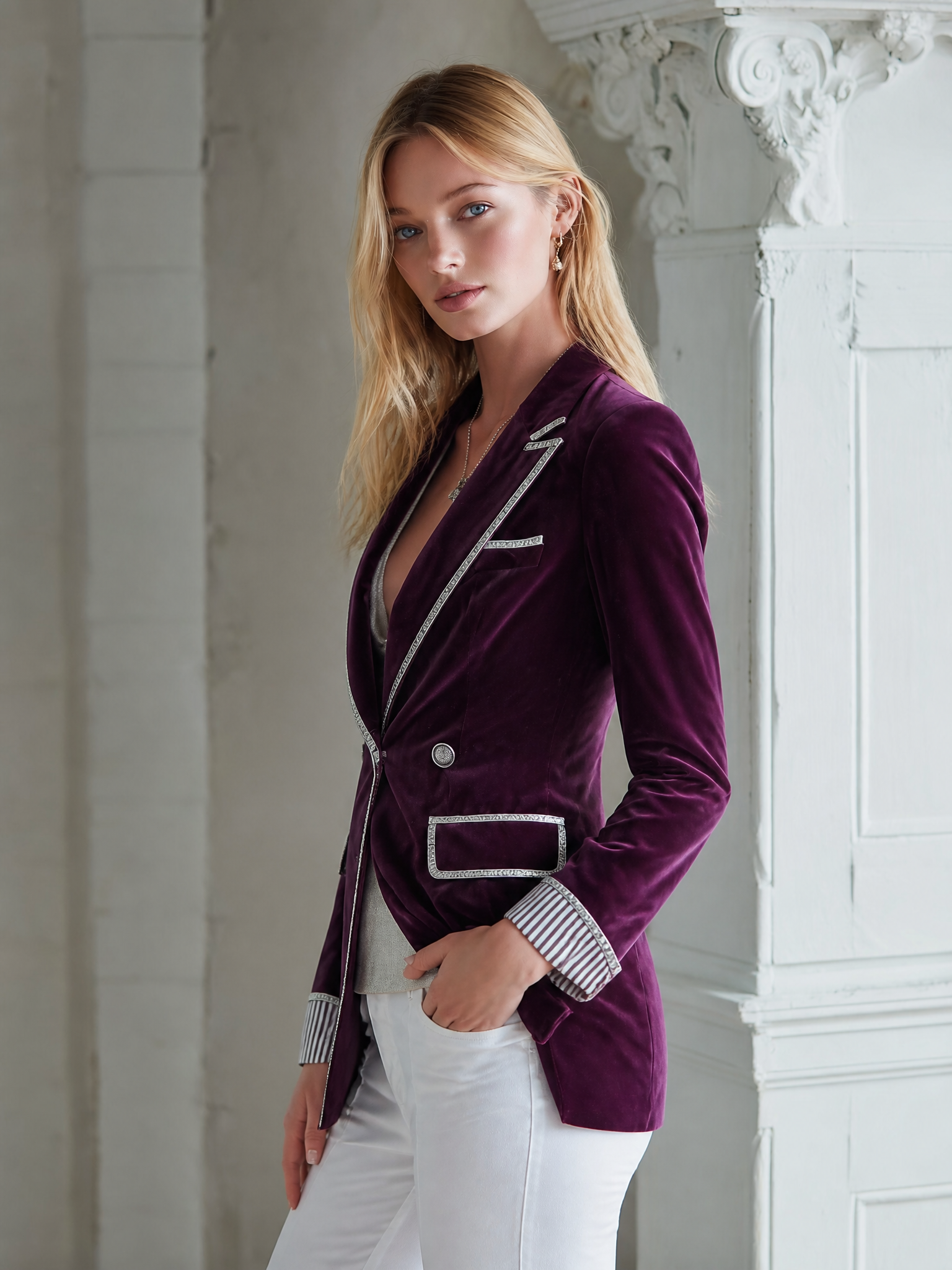 Elegant Vintage Silver Trim Deep Plum-purple Velvet Blazer