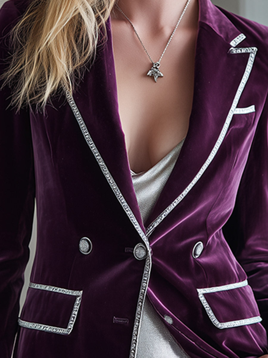 Elegant Vintage Silver Trim Deep Plum-purple Velvet Blazer