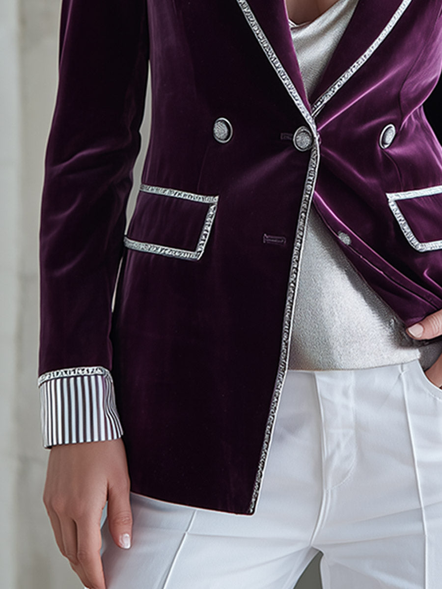 Elegant Vintage Silver Trim Deep Plum-purple Velvet Blazer